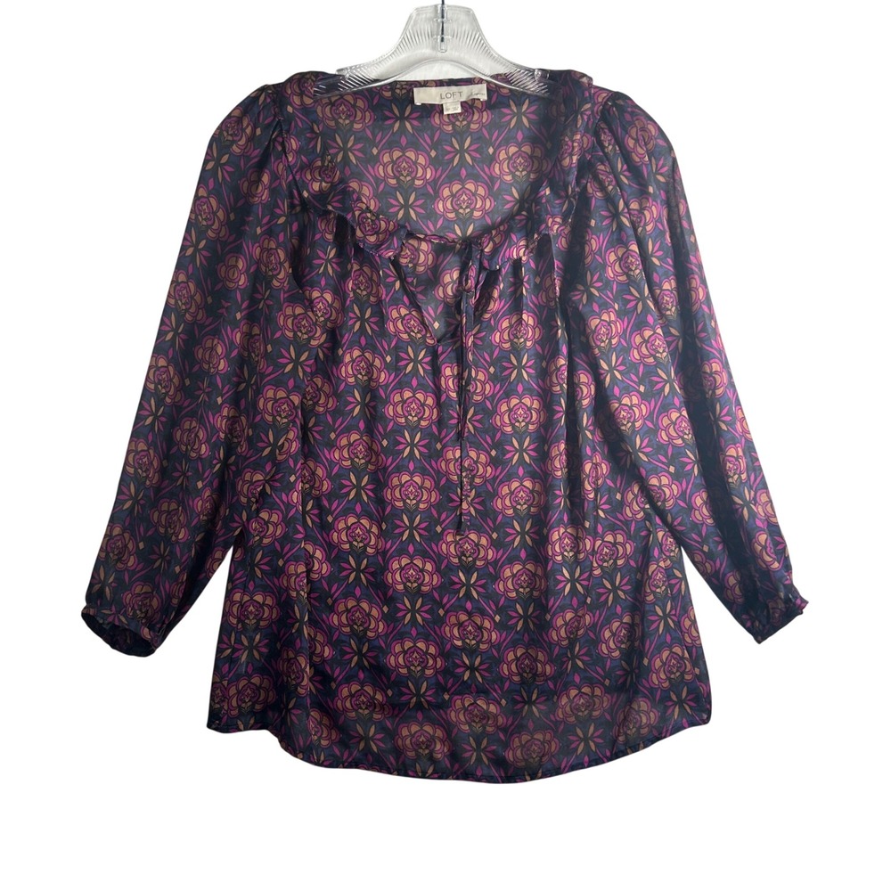 LOFT Petite Womens Long Sleeve‎ Sheer Blouse Purple Pink Floral Print Tie Neck
